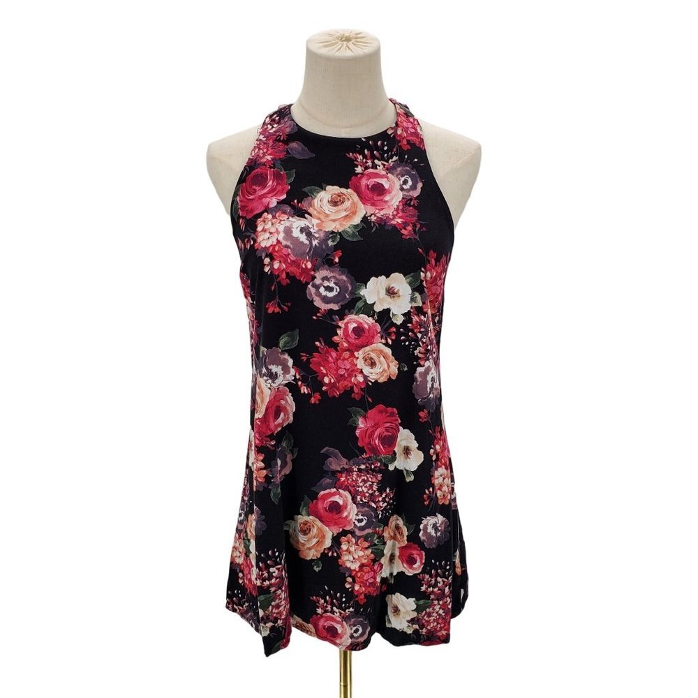 Lulus Design Major Black Floral Print Swing Dress Size S Small Sleeveless‎ Roses